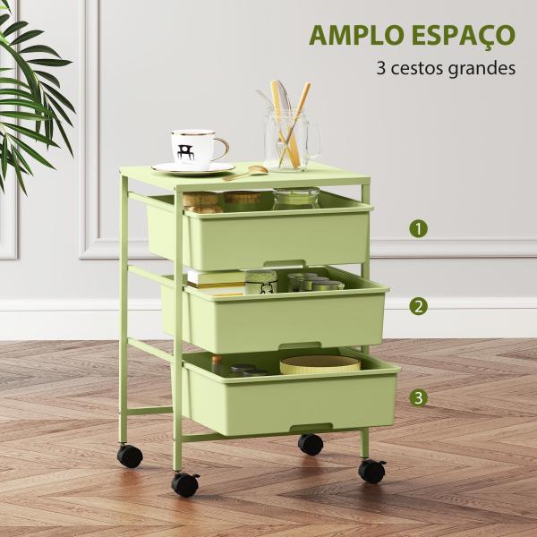 Carrinho Auxiliar com Rodas Carrinho de Cozinha de 3 Níveis com 3 Cestos e Estrutura de Aço 40,8x33,5x60,5 cm Verde