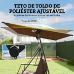 Baloiço de Jardim de 3 Lugares com Teto Ajustável UPF50+ 2 Bandejas Almofadas e Estrutura em Metal 222x131x175 cm Marrom
