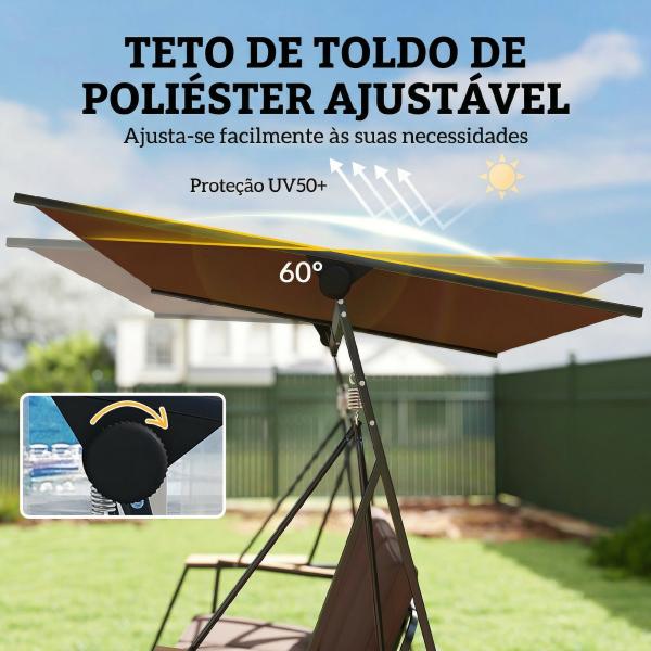 Baloiço de Jardim de 3 Lugares com Teto Ajustável UPF50+ 2 Bandejas Almofadas e Estrutura em Metal 222x131x175 cm Marrom