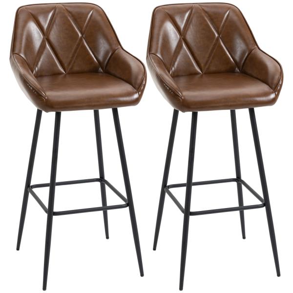 Conjunto de 2 Bancos Altos Estofados em PU com Encosto Alto Pés de Aço e Apoio para os Pés 50x47,5x102,5cm Marrom