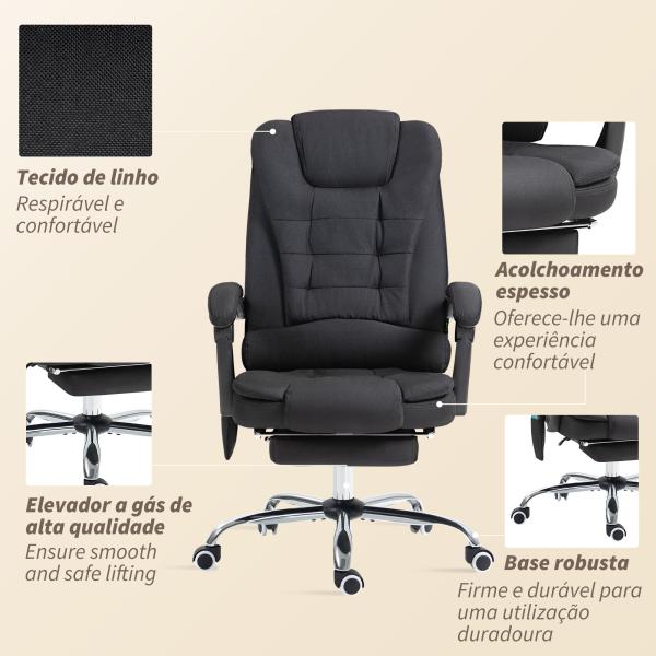 Cadeira de Escritório com 6 Pontos de Massagem Giratória com Encosto Reclinável 135º Função de Aquecimento 65x70x111 - 119 cm Preto