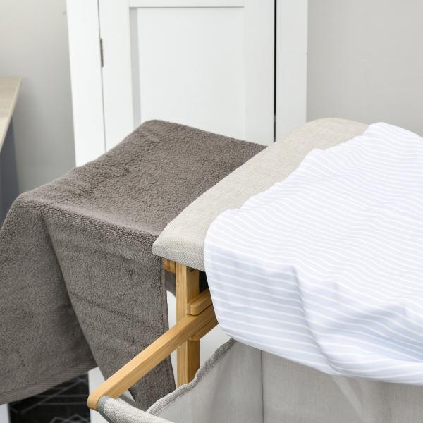 Cesto de Roupa Suja 57,4L com Tábua de Passar Suporte para Ferro 3 Prateleiras e Bolsa Removível 113x34x82 cm Madeira e Cinza