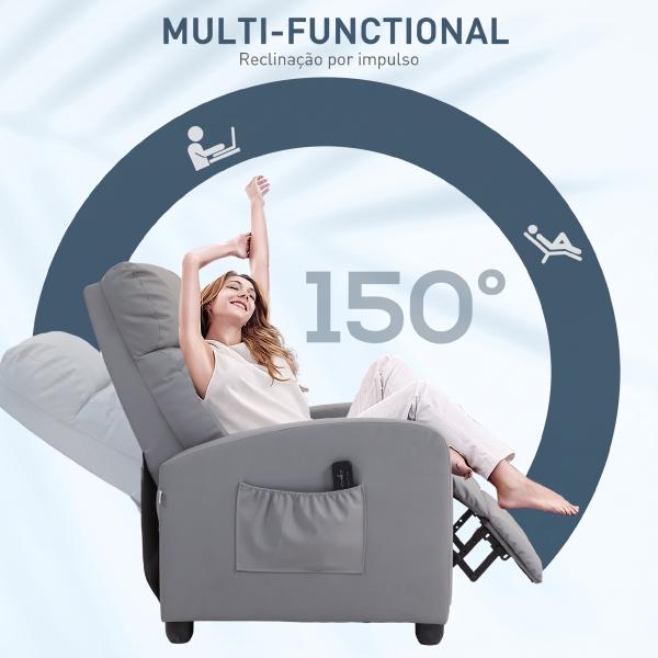 Poltrona de Massagem Reclinável com Controlo Remoto 2 Áreas de Massagem 8 Programas 5 Níveis 68x88x98 cm Cinzento