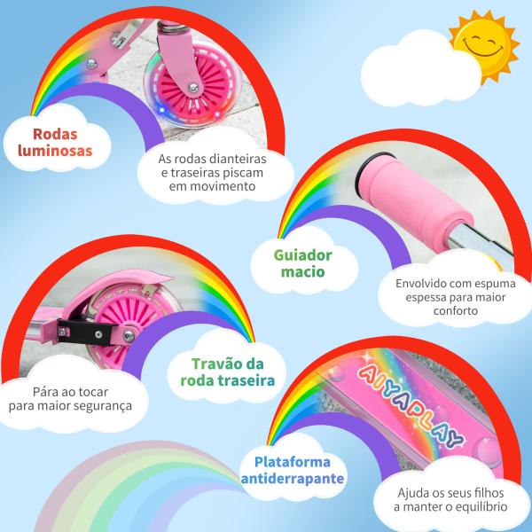 Trotinete para Crianças Dobrável com Luzes e Música 4 Alturas Ajustável Rodas Brilhantes e Pedal LED 67x32x65 - 78 cm Rosa