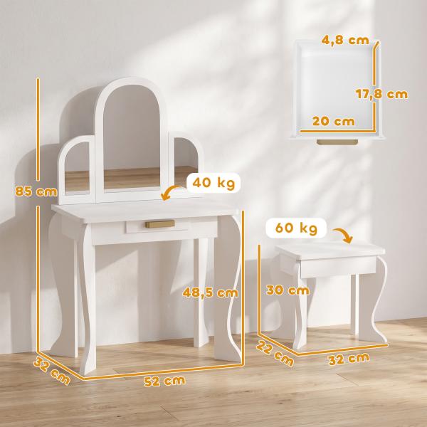 Toucador para Crianças com Espelho e Banco Toucador de Maquilhagem para Crianças de 3 a 6 Anos 52x32x85 cm Branco