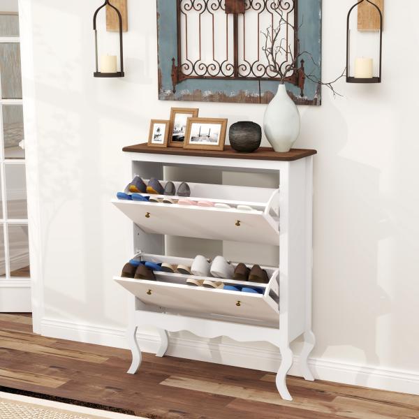 Móvel Sapateira Estilo Francês Sapateira com 2 Gavetas Prateleiras Ajustáveis para 16 Pares de Sapato 84x29x109 cm Branco