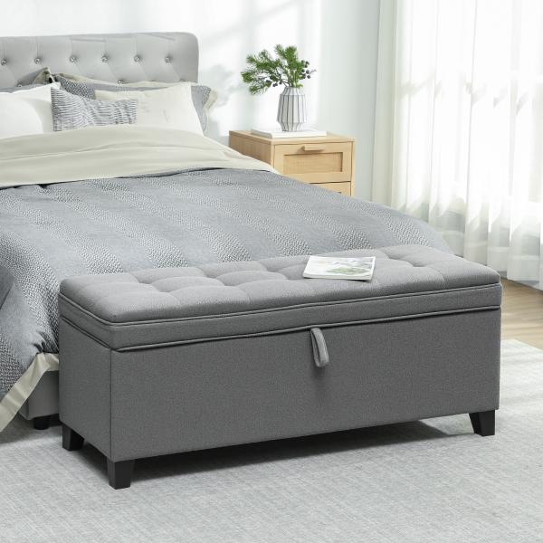 Banco de Armazenamento com 2 Dobradiças de Segurança Tampa Rebatível para Quarto Sala de Estar 120x40x48 cm Cinza Escuro