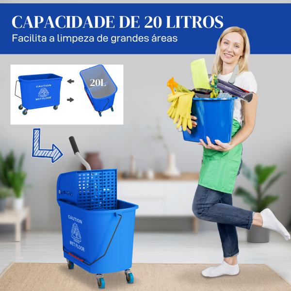 Balde de Esfregona com Rodas 20 L Balde com Escorredor e Asa de Transporte para Uso Doméstico e Comercial Azul