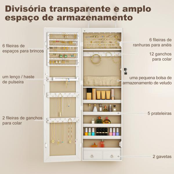 Espelho de Joias com Luz LED, Armário Montado na Parede ou Porta com Fechadura e Espelho Branco de Corpo Inteiro