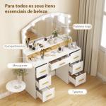 Toucador com 10 Luzes LED de 3 Cores Toucador de Maquilhagem com Espelho 7 Gavetas 3 Compartimentos Moderno 110x40x150 cm Branco