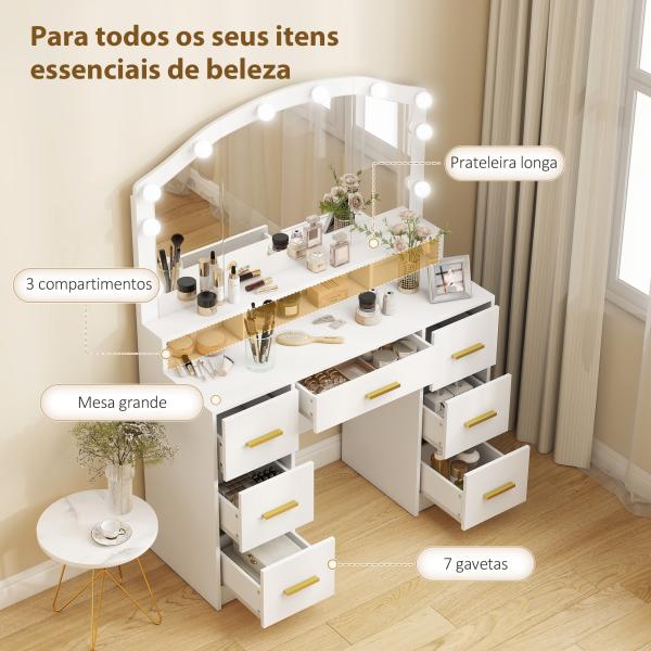 Toucador com 10 Luzes LED de 3 Cores Toucador de Maquilhagem com Espelho 7 Gavetas 3 Compartimentos Moderno 110x40x150 cm Branco