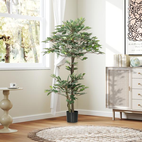 Planta Artificial Ficus 150 cm Planta Artificial com 1008 Folhas Musgo e Vaso para Exterior Casa Sala de Estar Escritório Verde