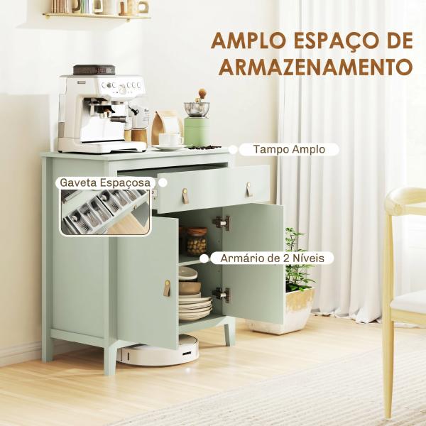 Aparador com Gaveta e Armário de 2 Níveis com Prateleira Ajustável Base Elevada e Amplo Tampo 80x40x90 cm Verde Claro