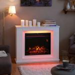 Lareira Elétrica com Efeito de Chama de 5 Níveis de Brilho e 12 Cores Decorativa 1000/2000W Temporizador para 30 m² 98x25x80 cm Branco