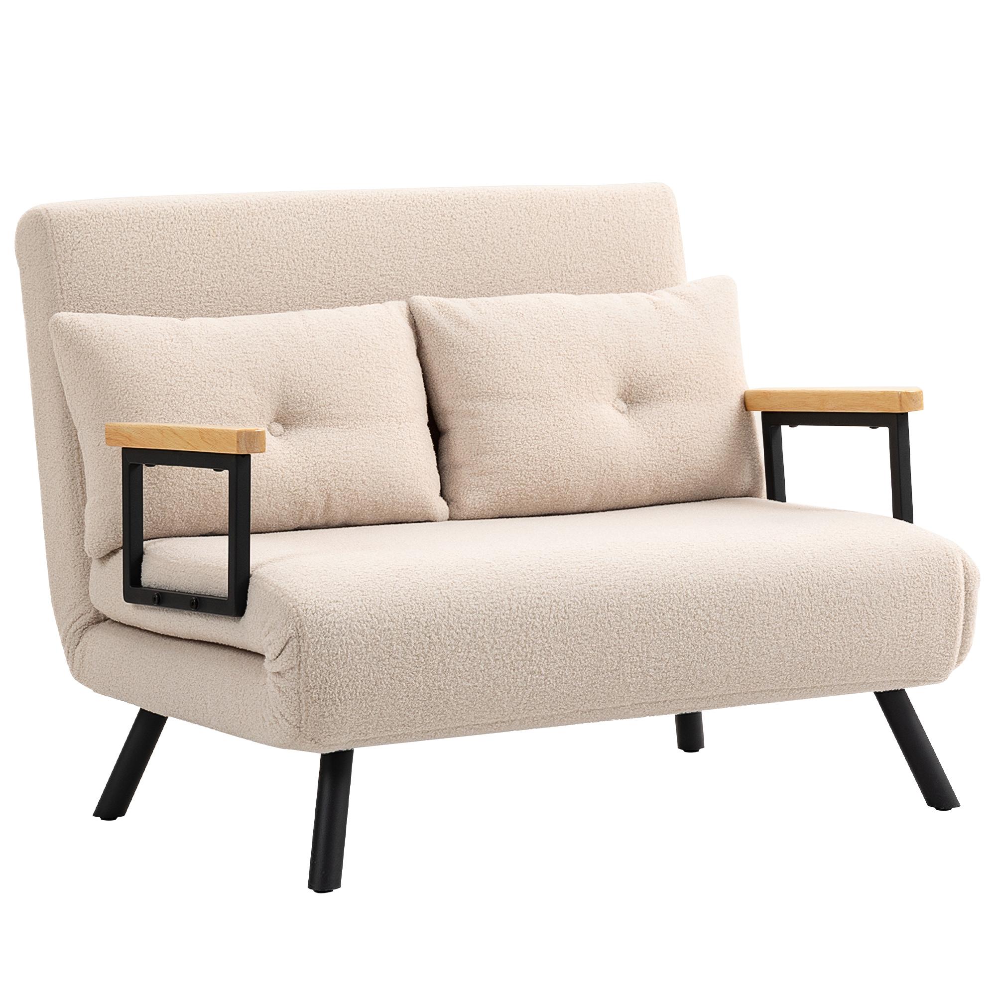 Sofá Cama Convertível 2 Lugares Dobrável com Encosto Ajustável em 5 Níveis e 2 Almofadas 102x73x81 cm Bege Creme