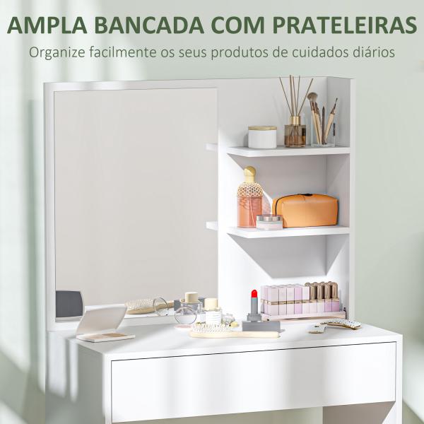 Toucador de Maquilhagem com Espelho Mesa de Maquilhagem com Gaveta e Prateleiras Abertas 75x40x137 cm Branco