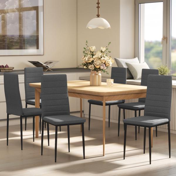 Conjunto de 6 Cadeiras de Sala de Jantar Estofadas em Linho e Pés de Metal para Cozinha Carga Máxima 120kg 41x50x97 cm Cinza