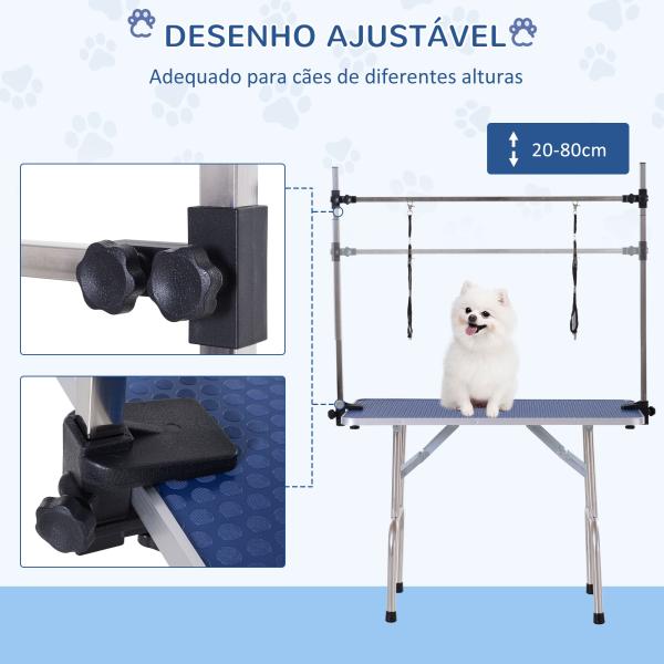 Mesa de Tosquia para Cães Dobrável com Prateleira de Armazenamento e Altura Ajustável 20 - 80 cm 107x60x170 cm Azul