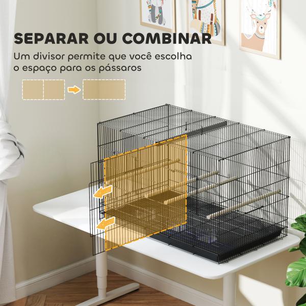 Gaiola para Pássaros com Divisória com Comedouros Poleiros e Bandeja Removível 94x57x57 cm Preto