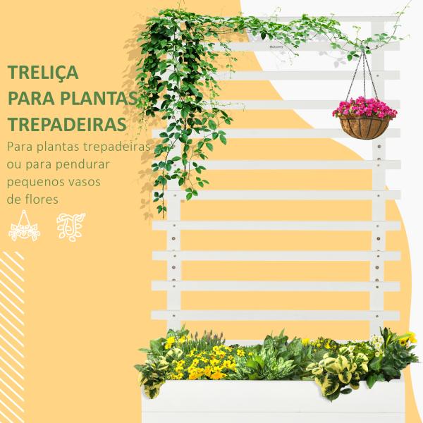 Floreira com Treliça de Madeira Maciça com 4 Rodas e Malha Geotêxtil para Cultivos de Plantas Flores 76x30x155 cm Branco