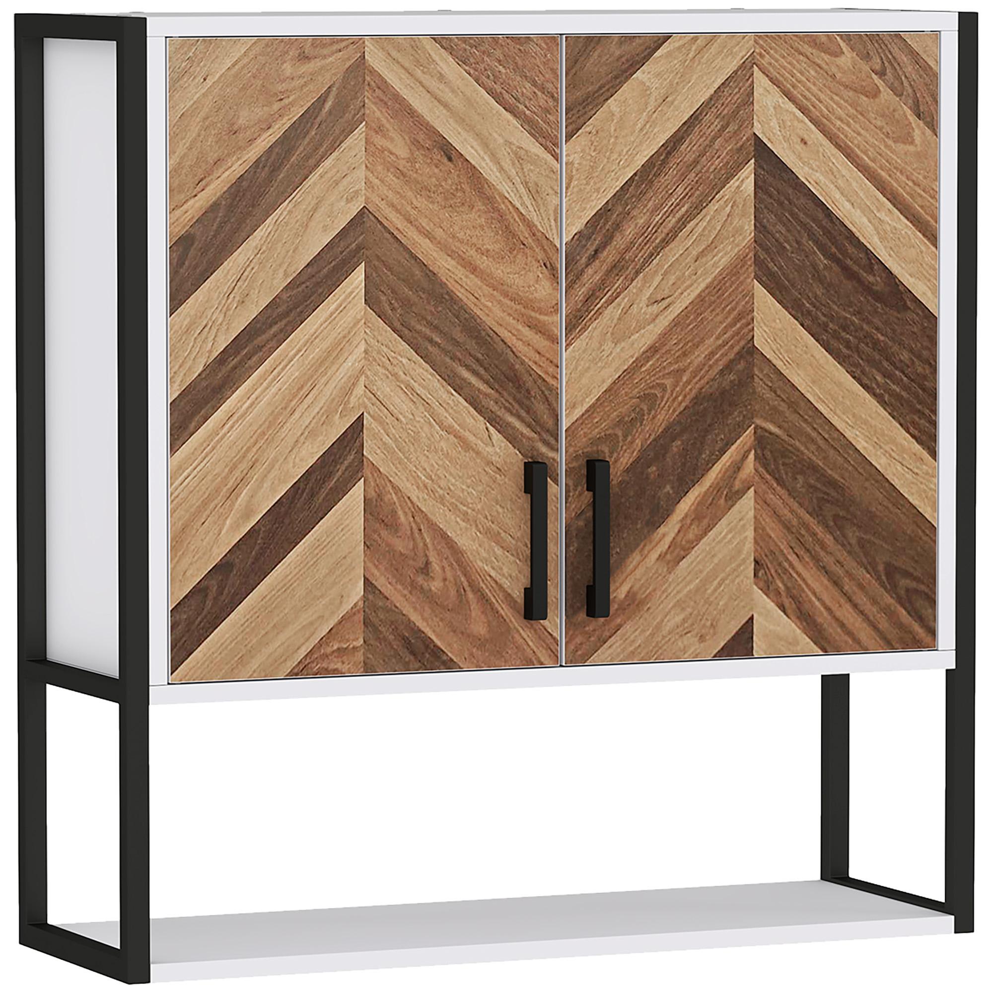 Armário de Parede para Casa de Banho com 2 Portas Prateleiras Ajustáveis e Prateleira Aberta 59x20x60 cm Branco e Madeira