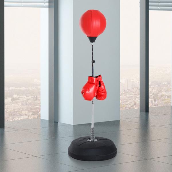 Saco de Boxe de Pé Punching Ball com Altura Ajustável em 4 Níveis Base Preenchível e Luvas Ø43x126 - 144 cm Vermelho e Preto