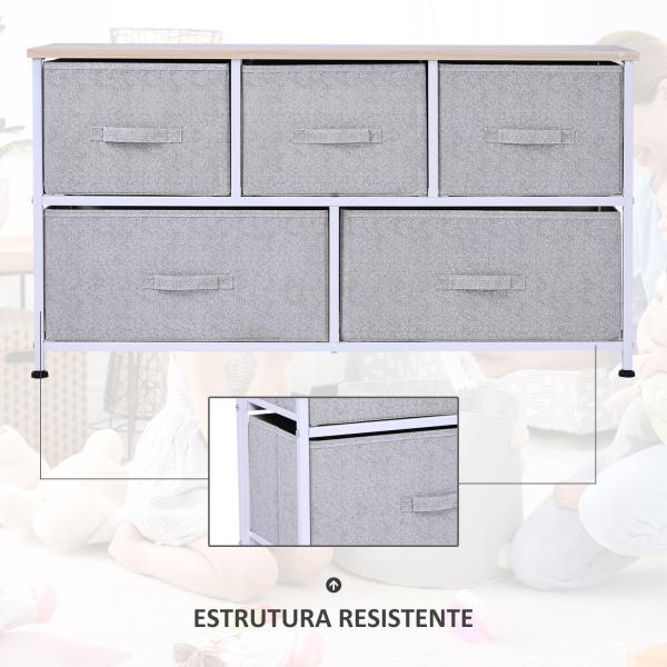 Cómoda com 5 Gavetas de Tecido Cómoda para Quarto Estrutura Metálica 100x30x54 cm Cinzento