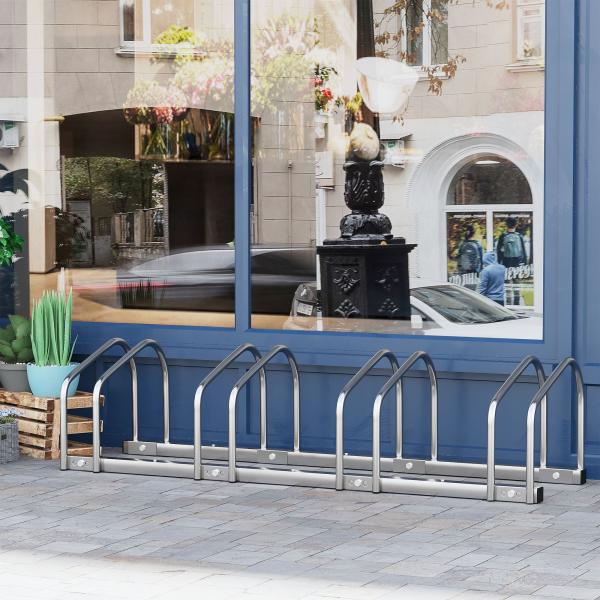 Estacionamento para 4 Bicicletas Suporte de Aço para Estacionar Bicicletas no Chão para Interior e Exterior 110x33x27 cm Prata