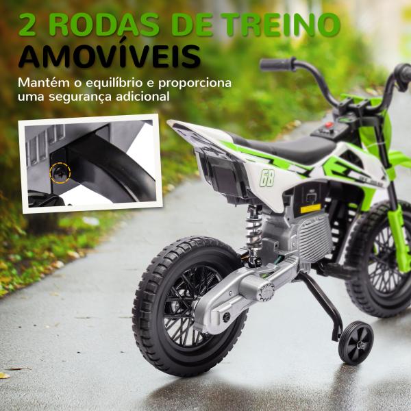 Mota Elétrica para Crianças com Bateria 12V Música Velocidade 2,4 - 5 km/h e Rodas Auxiliares 107x56x70 cm Verde