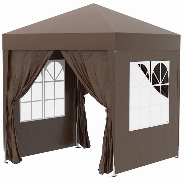 Tenda Dobrável 2x2 m Tenda de Jardim com 4 Paredes Laterais Tecido Oxford 2 Portas 2 Janelas e Bolsa de Transporte Marrom