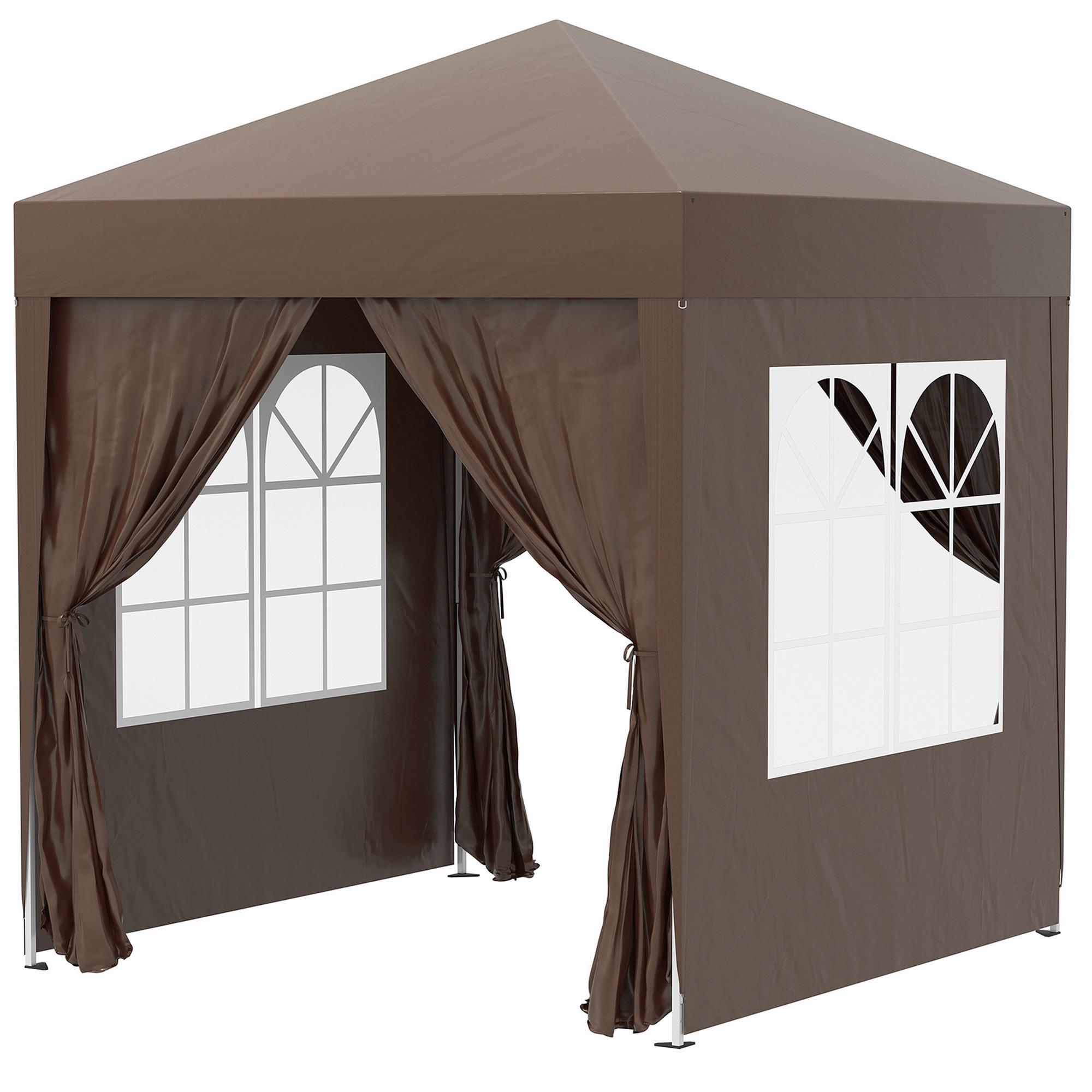 Tenda Dobrável 2x2 m Tenda de Jardim com 4 Paredes Laterais Tecido Oxford 2 Portas 2 Janelas e Bolsa de Transporte Marrom