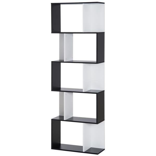 Estante para Livros Estante Alta de Parede com 5 Níveis em Forma de S Desenho Moderno 60x24x184,5 cm Branco e Preto