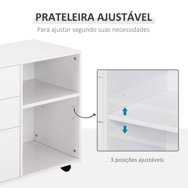 Armário de Escritório para Impressora Multifuncional com 3 Gavetas Prateleira Ajustável e Rodas 80x40x65cm Branco