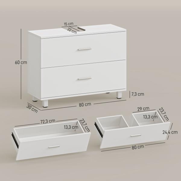 Móvel para Lavatório Pousar com 2 Gavetas para Lavatório sem Pedestal 80x30x60 cm Branco