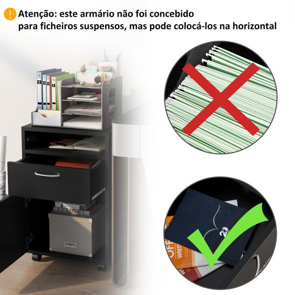 Bloco de Gavetas de Escritório com Armário e Gaveta Móvel Arquivador com Rodas Suporte para Impressora 40x35x60 cm Preto
