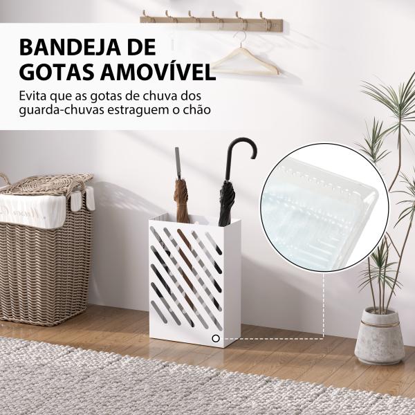Suporte para Guarda - Chuvas de Aço Galvanizado Estreito com Bandeja de Gotejamento Removível 4 Ganchos 28x14x41 cm Branco