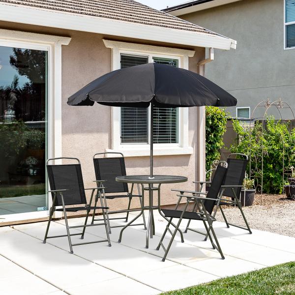Conjunto de Jardim Refeição 6 Peças com 4 Cadeiras Dobráveis 1 Mesa com Bancada de Vidro e 1 Chapéu de Sol Preto