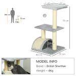 Arranhador para Gatos Médio de 3 Níveis com Postes de Sisal Placa para Arranhar e Bola Suspensa 40x35x72 cm Cinza
