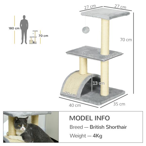 Arranhador para Gatos Médio de 3 Níveis com Postes de Sisal Placa para Arranhar e Bola Suspensa 40x35x72 cm Cinza