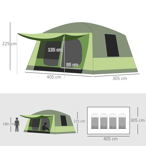 Tenda de Campismo Familiar para 4 Pessoas Tenda de Campismo Portátil Impermeável com Bolsa de Transporte Rede Mosquiteira e Proteção Solar 410x - 310x225cm Verde