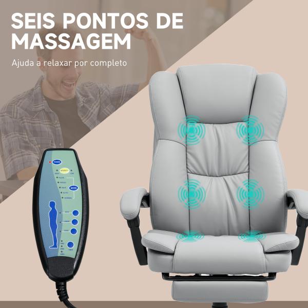 Cadeira de Escritório com Altura Ajustável 6 Pontos de Massagem e Apoio para os Pés Retrátil 68,5x68,5x113 - 121 cm Cinza