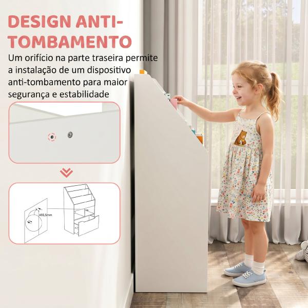 Estante de Madeira para Brinquedos com 3 Compartimentos 2 Cubos e Gaveta Móvel com 4 Rodas Estante para Livros Infantil para Dormitório Infantil Sala de Jogos 60x29,9x90cm Branco