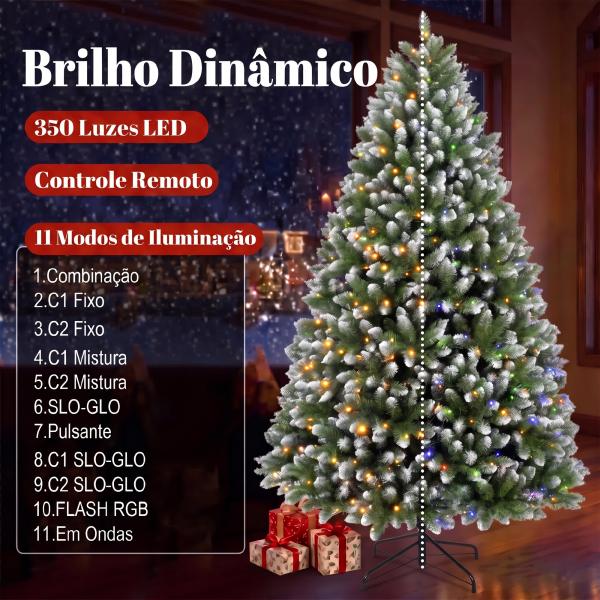 Árvore de Natal 180 cm com 350 Luzes LED, 11 Modos, Comando à Distância, 1020 Pontas, Base Metálica Dobrável, Verde