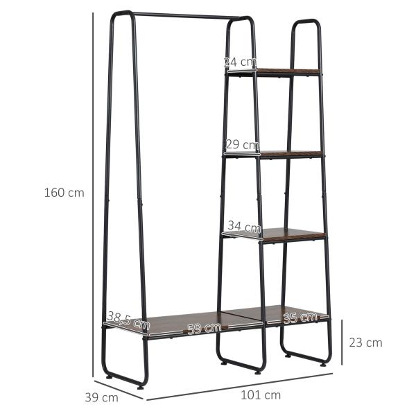 Suporte para Cabides com 4 Prateleiras de Armazenamento e Barra de Pendurar Estilo Industrial 101x39x160cm Marrom e Preto