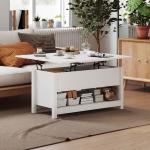 Mesa de Centro Elevatória e Extensível com Compartimentos Ocultos e Prateleira Aberta 100x90x64 cm Branco
