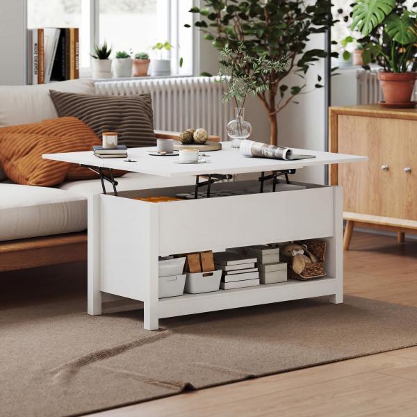 Mesa de Centro Elevatória e Extensível com Compartimentos Ocultos e Prateleira Aberta 100x90x64 cm Branco