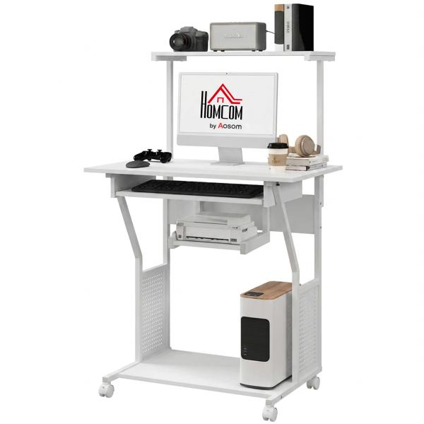 Secretária para Computador com Rodas, Bandeja para Teclado, Suporte para CPU e Prateleiras 80x50x130 cm Branco