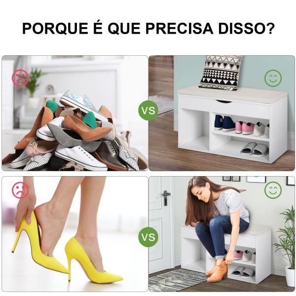 Banco Sapateira com Armazenamento Gaveta Prateleira e Assento Acolchoado para Entrada Estilo Moderno 80x30x47cm Branco