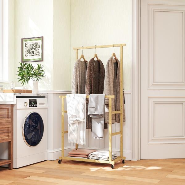 Charriot com Rodas de Bambu com Sapateira 2 Barras para Pendurar para Entrada Corredor Quarto 80x40x160 cm Madeira