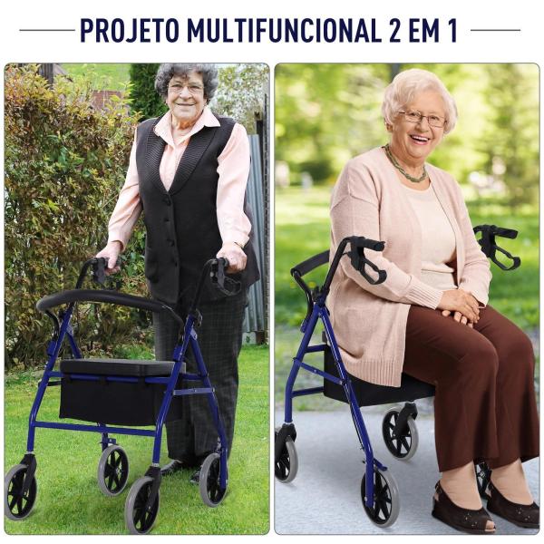 Andador para Adultos Dobrável com Armazenamento Assento e Travão 65x53x79 - 89cm Azul e Preto